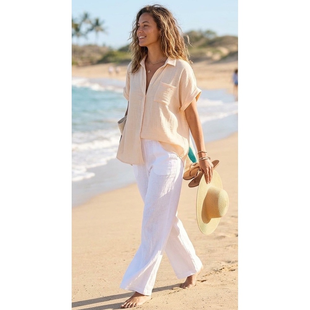 Jon & Anna Contemporary Cream Crinkle Gauze Blouse Relaxed Vacation Casual Sz XL